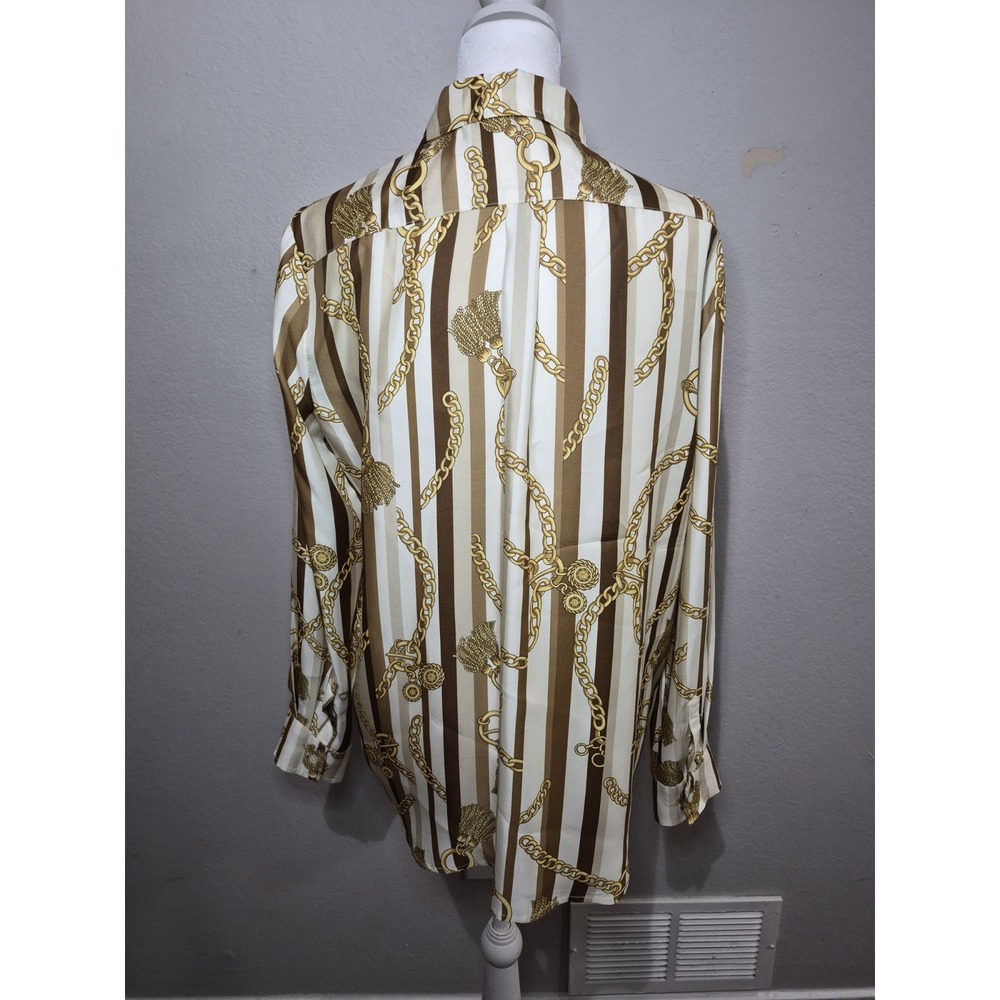 J Mclaughlin Silk Blend Shirt Women Sz Medium Gold Chain Scarf Print‎ Boho Chic - Picture 4 of 7